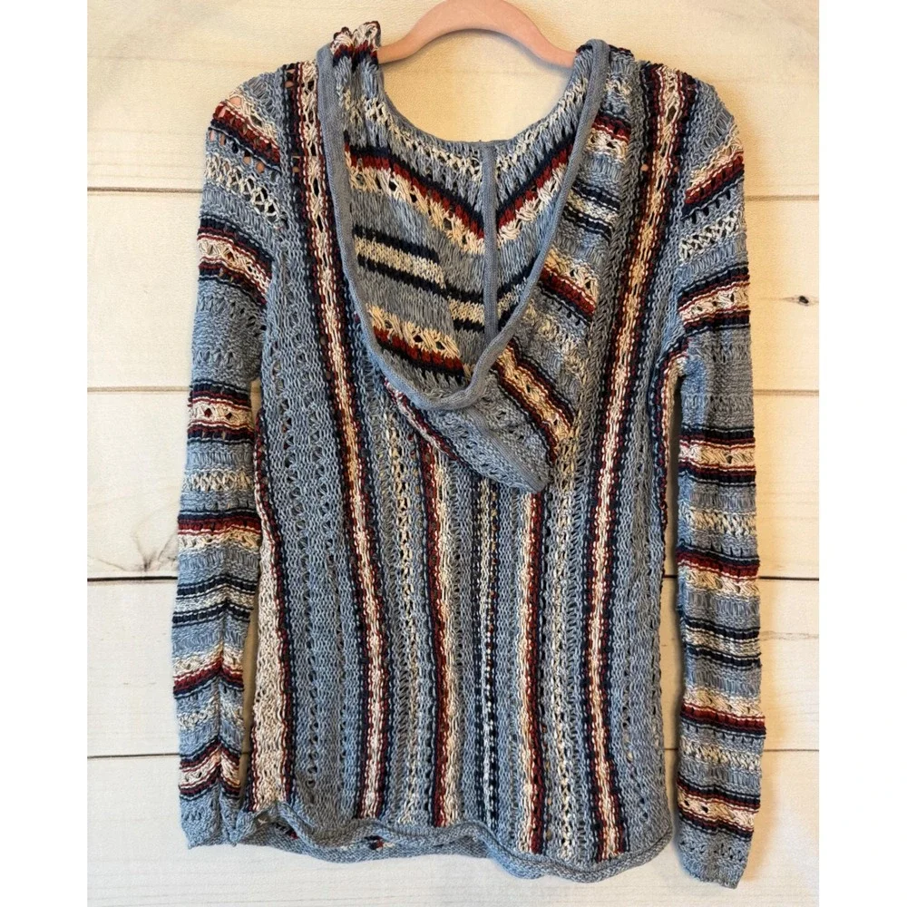 Eddie Bauer Womens Blue Striped Open Knit Hooded Sweater Pullover Medium Boho
